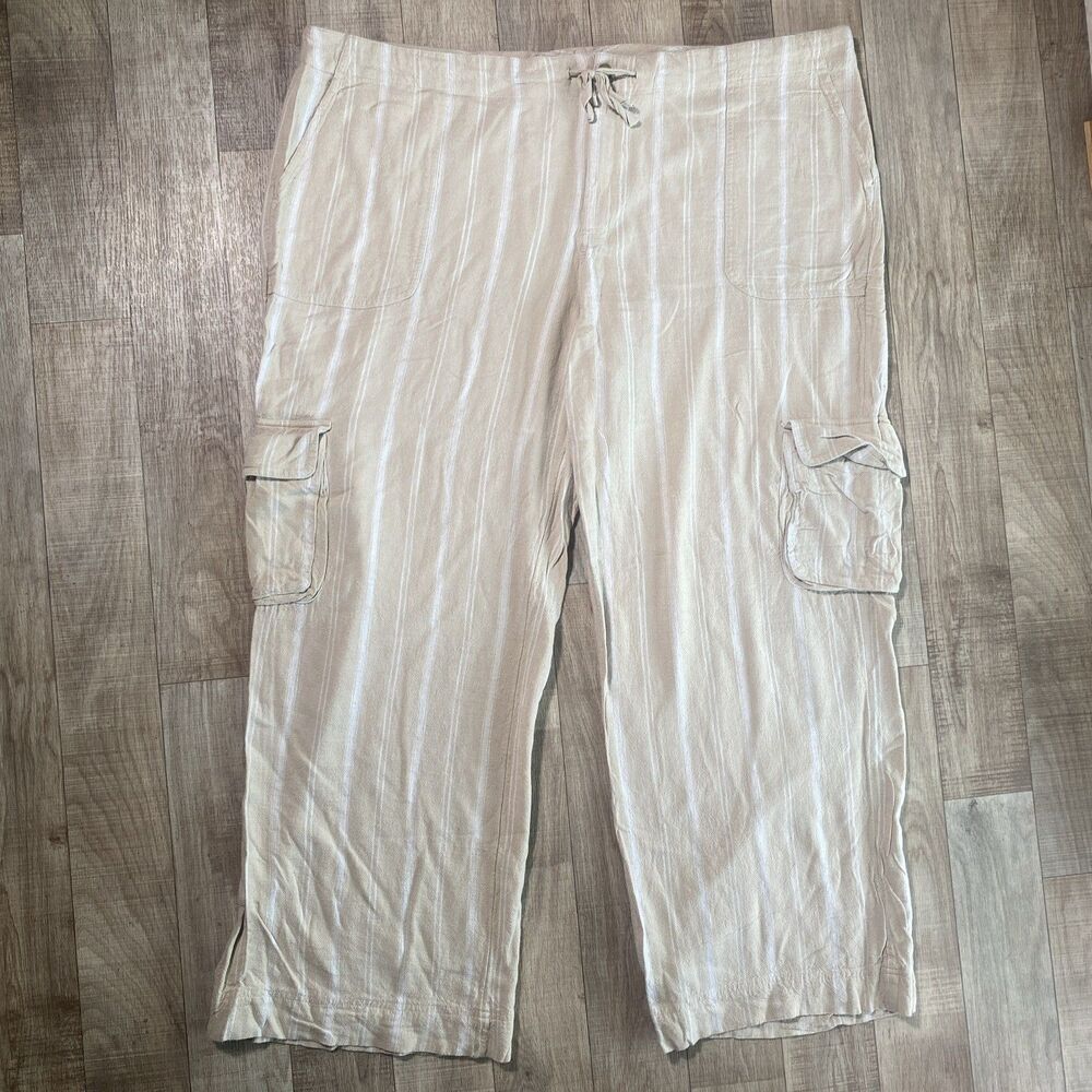 Wonderly Beige Striped Linen Blend Wide Leg Comfy Pull-on Pants XXL